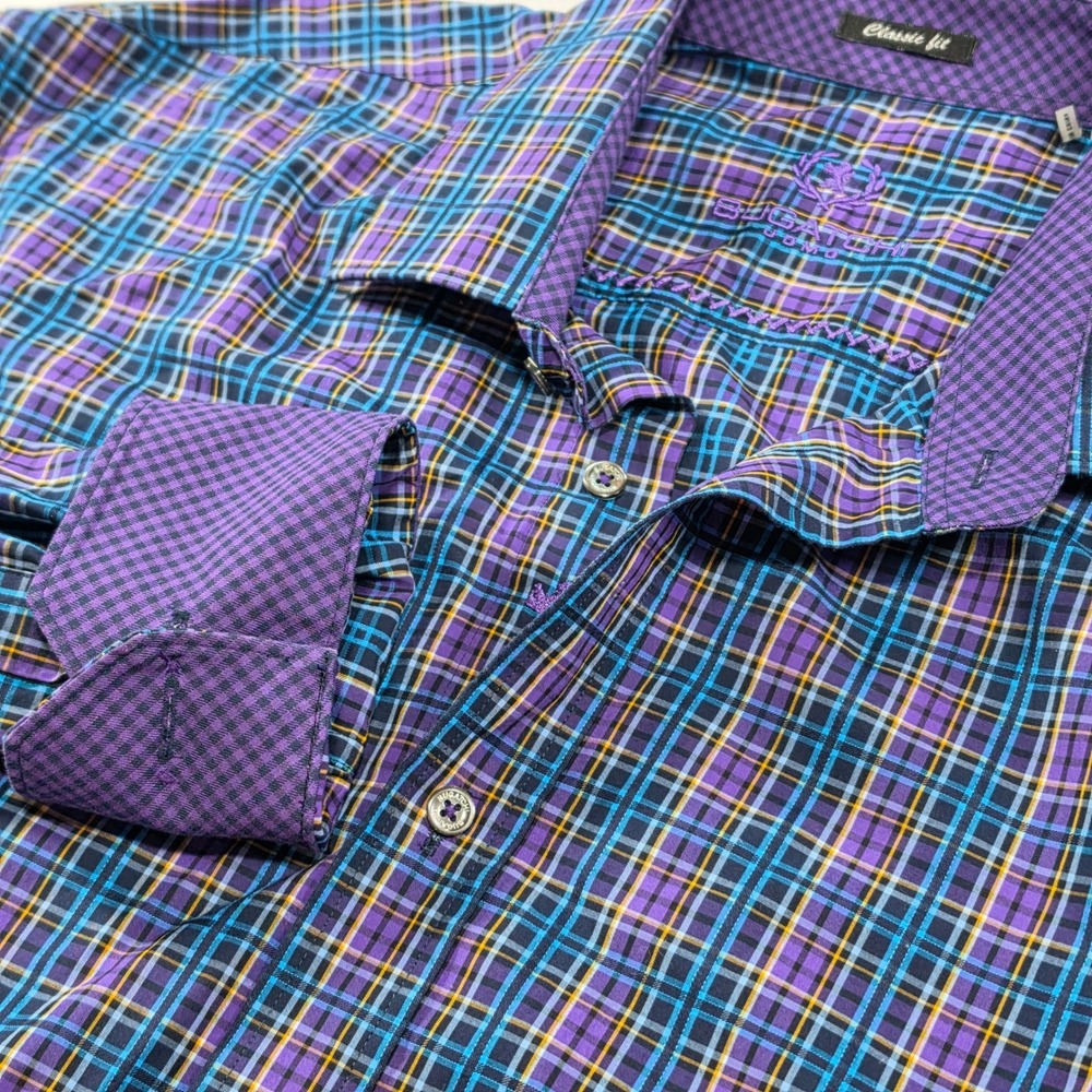 Bugatchi Uomo Button Down Shirt Mens XL Purple Excellent Plaid Classic Fit LS